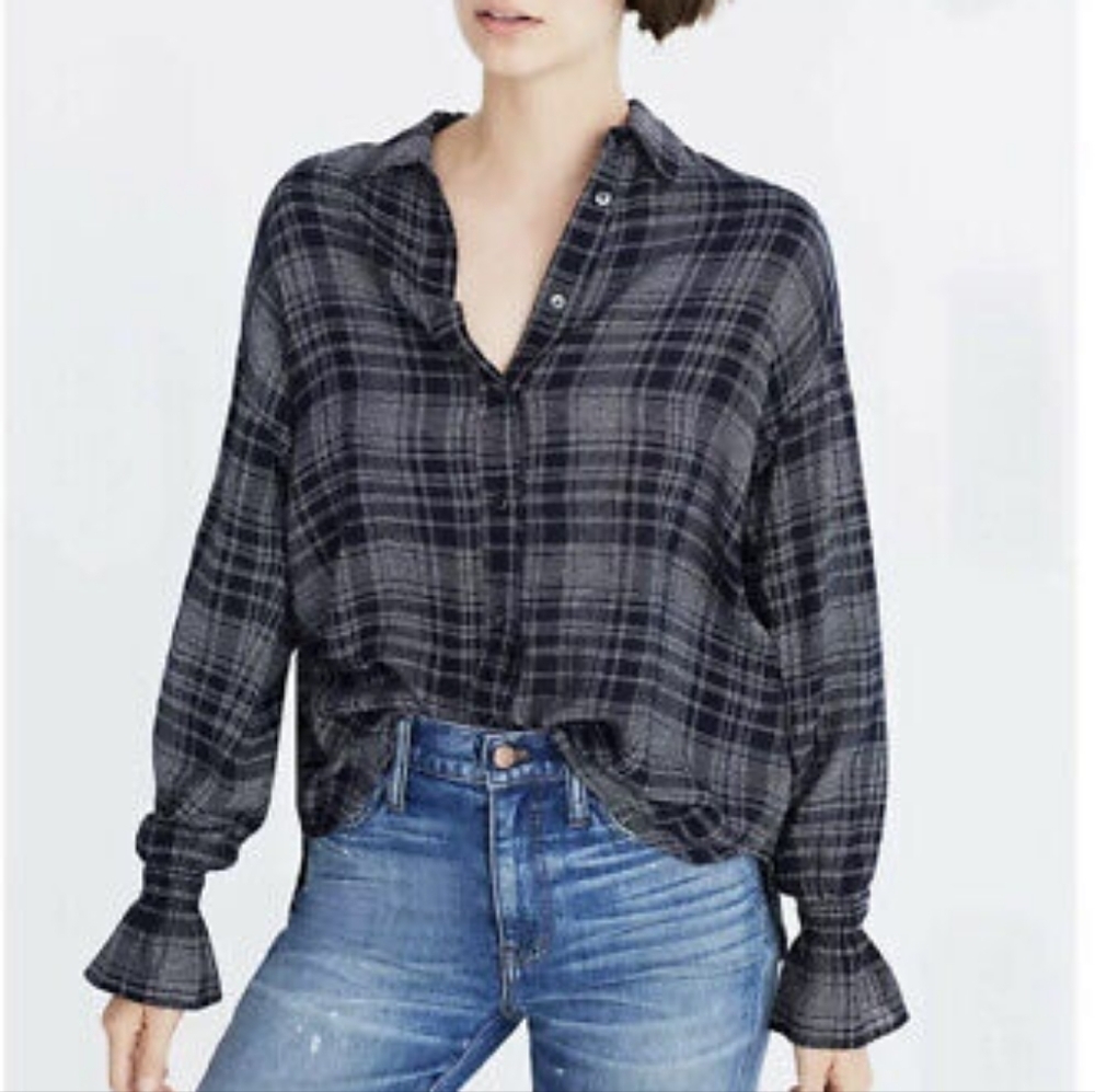 Madewell Westward Bell Sleeve Blue Plaid Blouse Medium